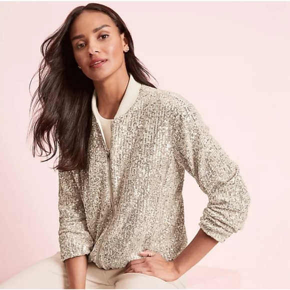Loft Womens Medium Sequin Bomber Jacket Zip Front Jacket NWT Sparkle Bling! - Picture 1 of 6